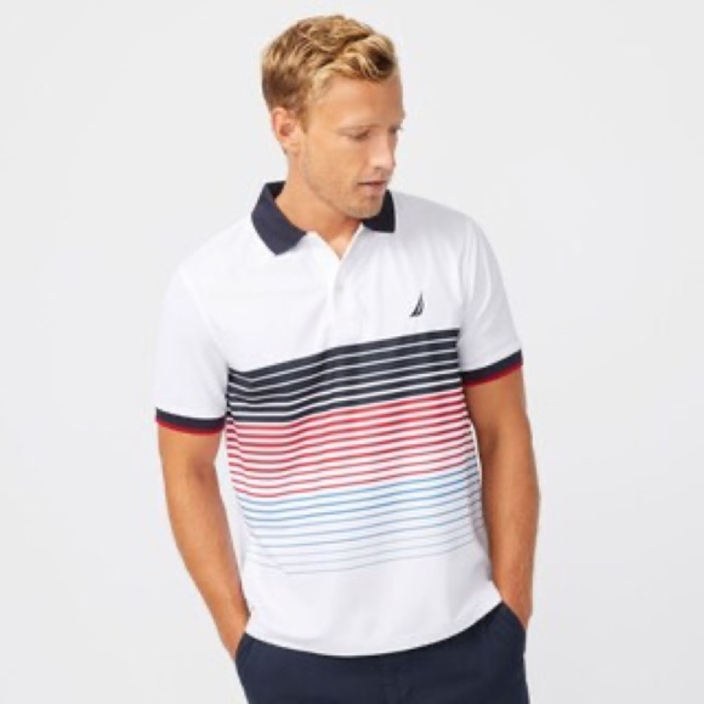 Nautica Navtech Men's White and Navy Striped Polo Shirt